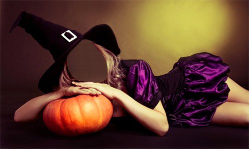 Шаблон для фотомонтажа - Девушка в наряде ведьмы ждет хэллоуина