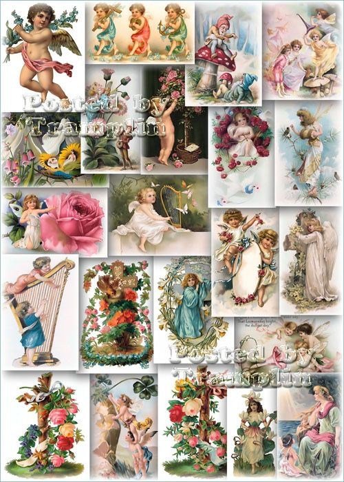 Викторианские Открытки с цветами и  изображениями Ангелочков, Эльфов и Гномов