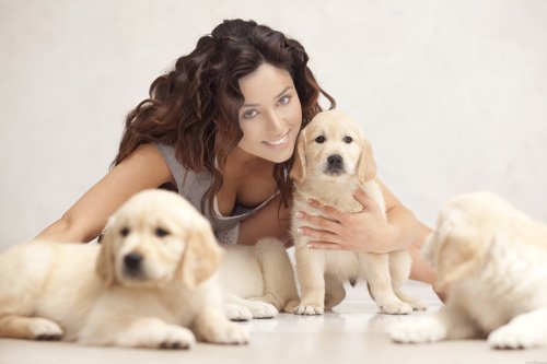 Шаблон для фотошопа - Девушка с пушистыми щенками