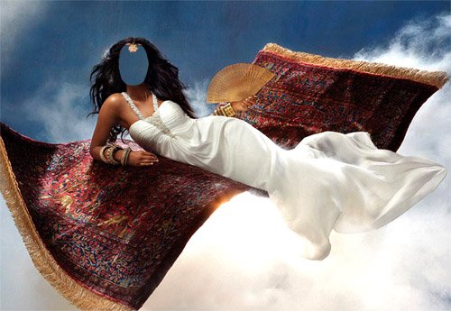 Женский шаблон - Брюнетка в белом платье на ковре самолете
