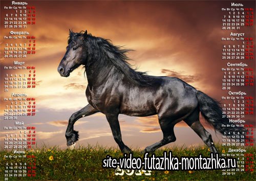 Календарь на 2014 год - Скачущая черная лошадь на закате