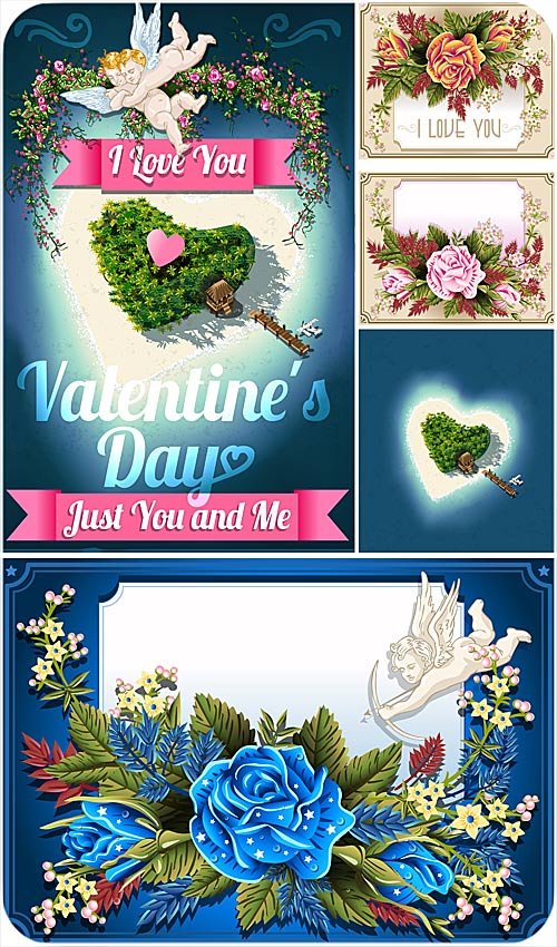 Greeting card with roses and angels Valentine's Day - Stock Vector