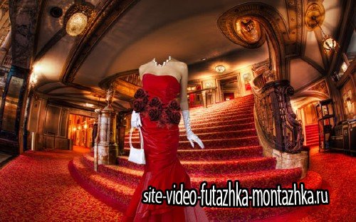 Шаблон для фотошопа - На лестнице в театре в красном платье
